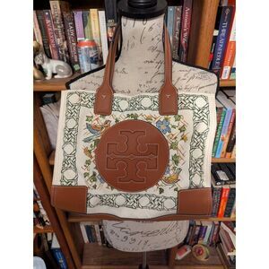 TORY BURCH Mini Ella Print Recycled Polyester Leather Tote Caning Logo With Bird